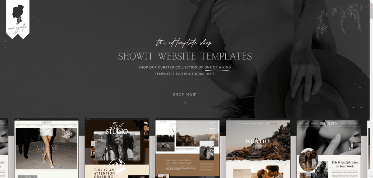 The Shop page on the Alisabeth Designs website takes visitors to a collection of full website templates made for photographers. People can buy these templates for a lump-sum price and build their own websites.