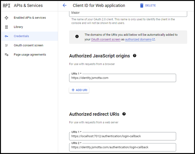 APIs & Services - Client ID for Web application - authorized JavaScript origins, authorized redirect URIs