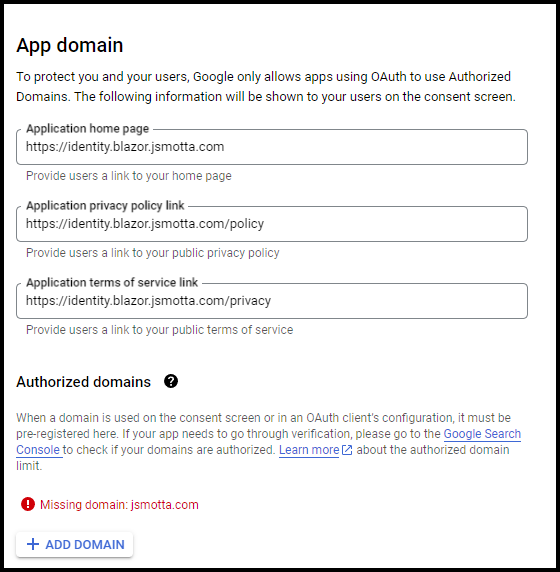 App domain - home page, privacy policy link