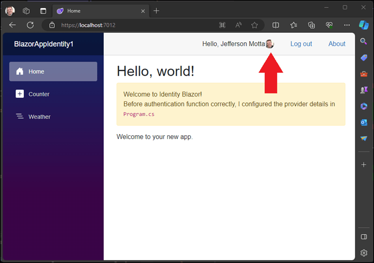 Blazor app with identity logged in