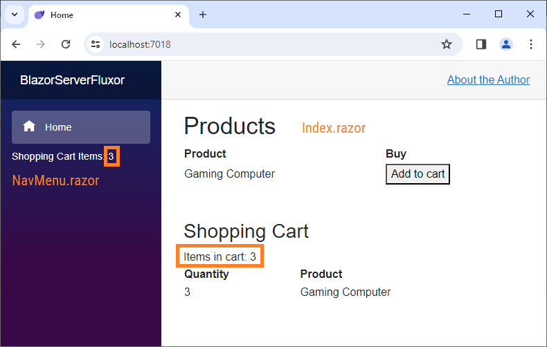 A Blazor Server application showing the number of items in the shopping cart (state) in two entirely unrelated components.