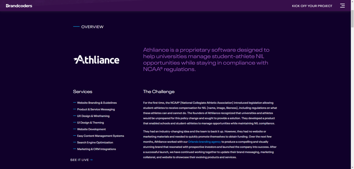 The Brandcoders website has case study pages for clients like Athliance. At the top of the page, they define the project’s challenge and the services the design agency provided.