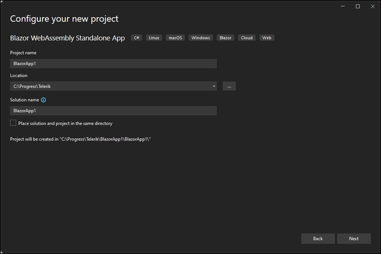 Configure your new project - Blazor WebAssembly Standalone App - has fields for project name, location, solution name