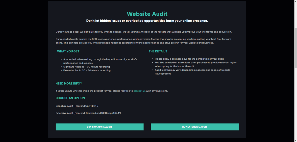 Copper Coin Design offers two Website Audit packages. This page details what they get along with additional information about the service. Customers then choose from one of two options: the Signature Audit or the Extensive Audit.