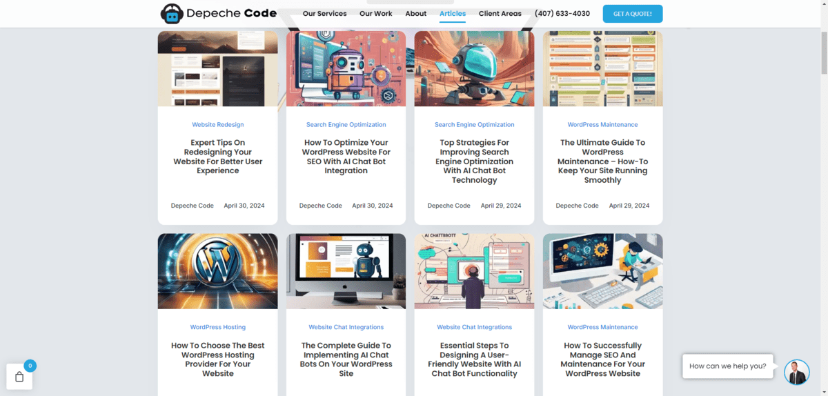 The Depeche Code blog posts regularly about web design. Recent posts deal with expert tips for redesigns, using an AI chat bot to optimize SEO, a guide to WordPress maintenance, choosing website hosting, and more. 