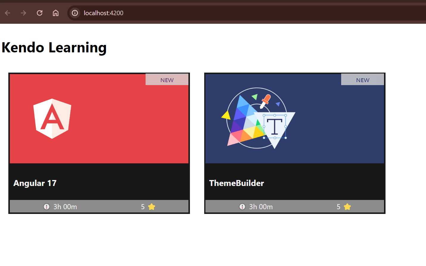 Two cards showing Angular 17 land ThemeBuilder learning courses, with length and stars for each.