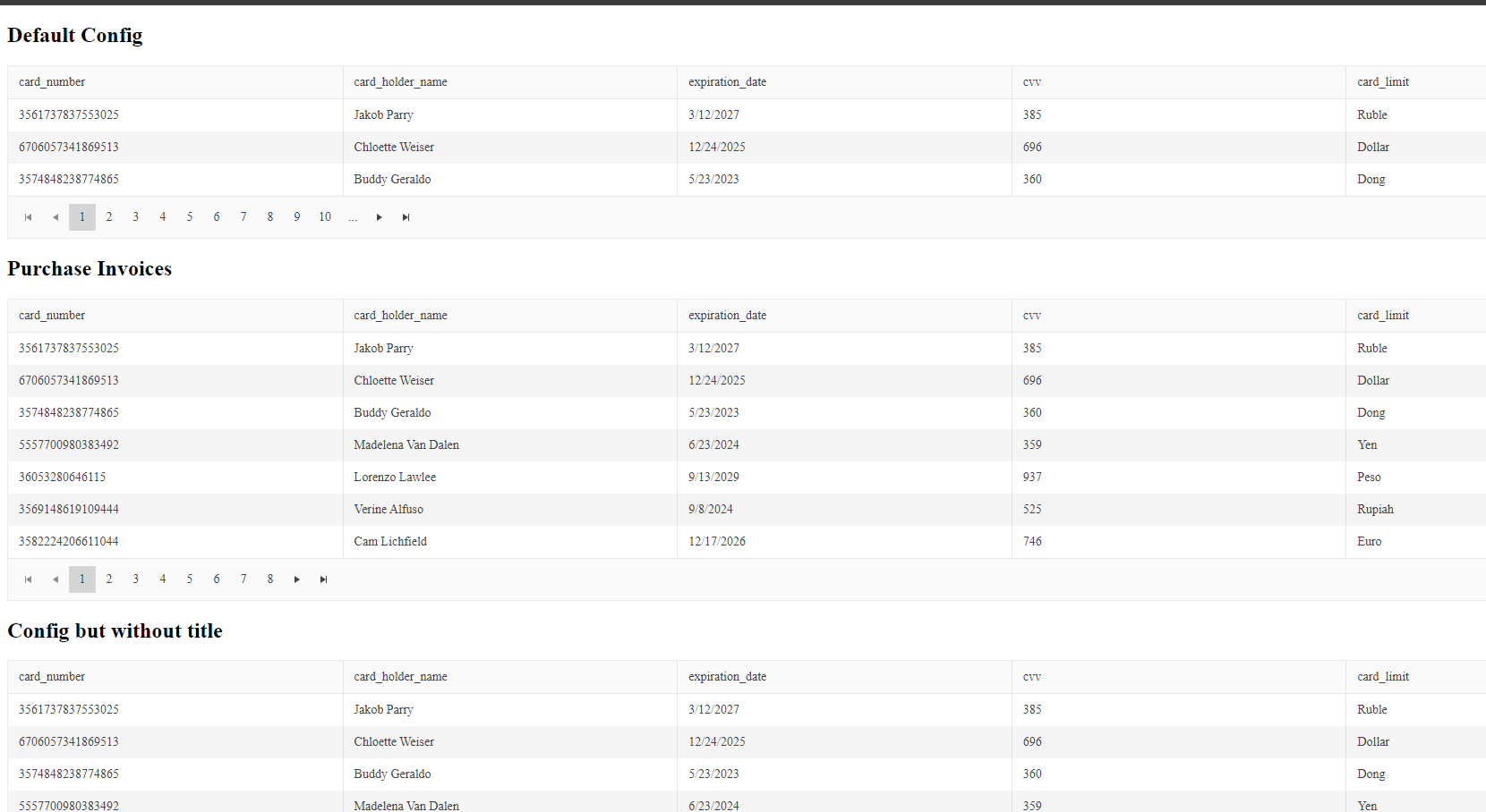 grids showing default config, purchase invoices, config but without title