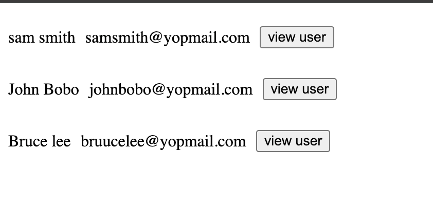 List of users with name, email, and a button to view user