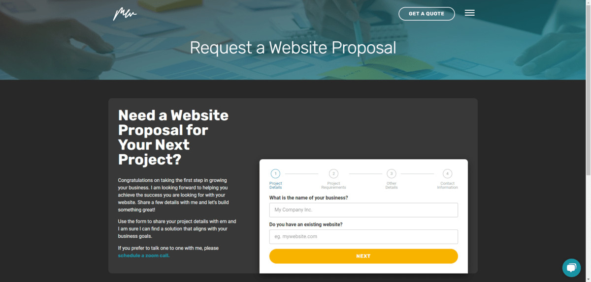 When leads on Matthew Woodward’s site click the “Get a Quote” button, they are taken to the Request a Website Proposal page. On it is a 4-step lead generation form that collects details about their business, existing website, project requirements, other details, and more.