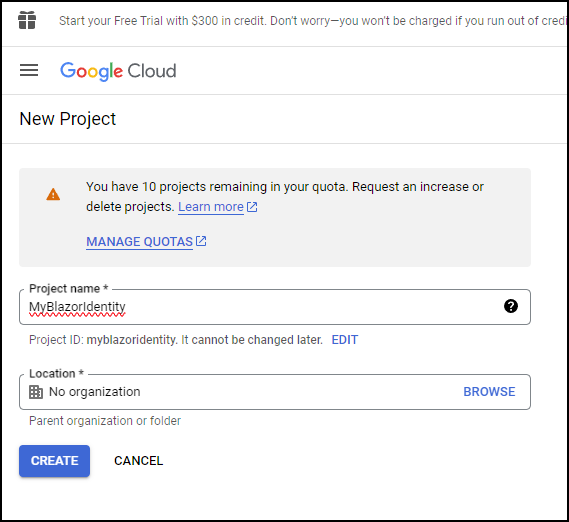 Google Cloud - New Project - fields for project name, location