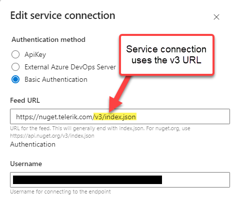 Azure DevOps Service Connection Feed URL showing the v3 Telerik server URL