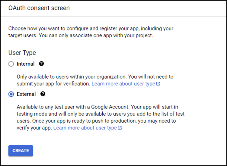 OAuth consent screen - user type - external is selected