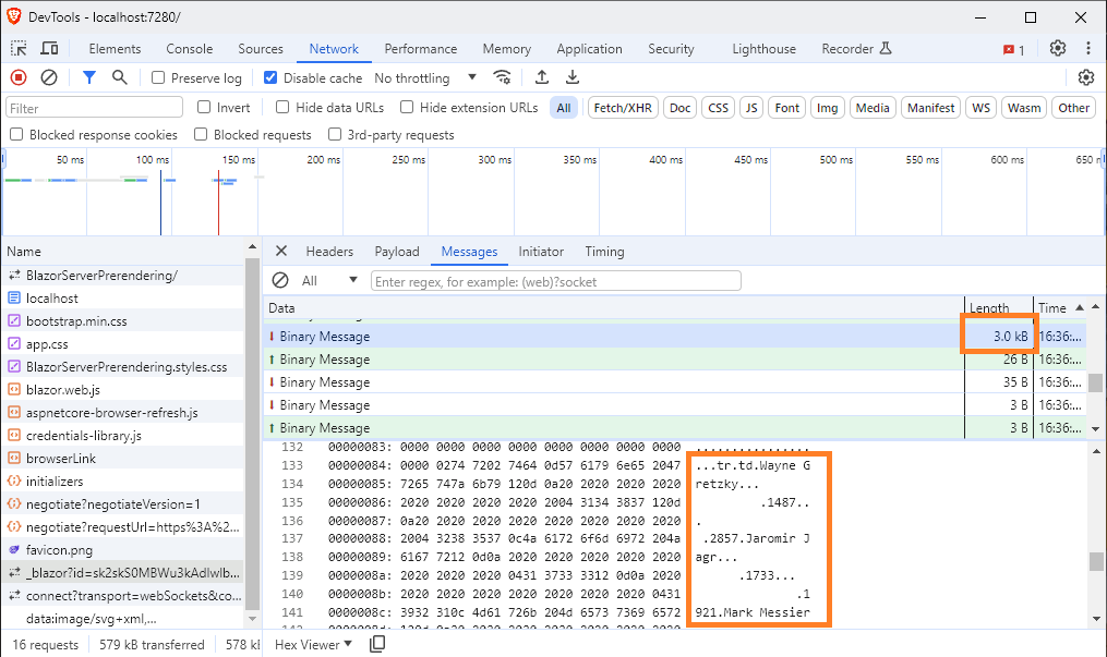 Brave dev tools showing a SignalR message containing the data of the page.