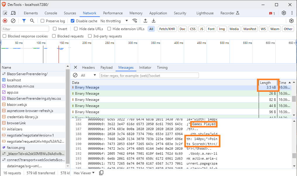 Brave dev tools showing a SignalR message containing the structure of the page.