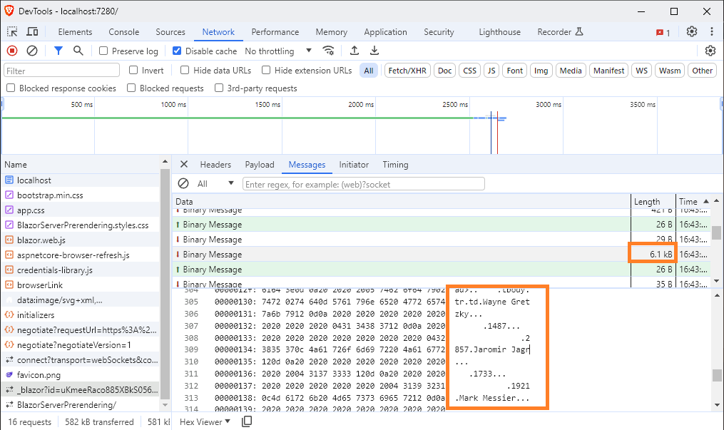 Brave dev tools showing a SignalR message containing the data of the page.