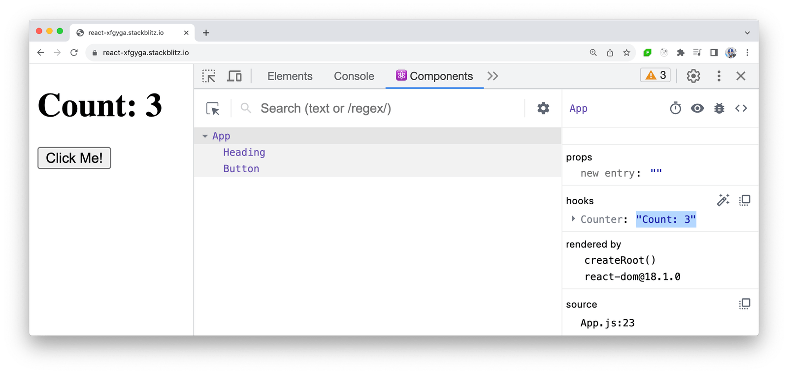 React DevTools hooks shows Counter: Count: 3