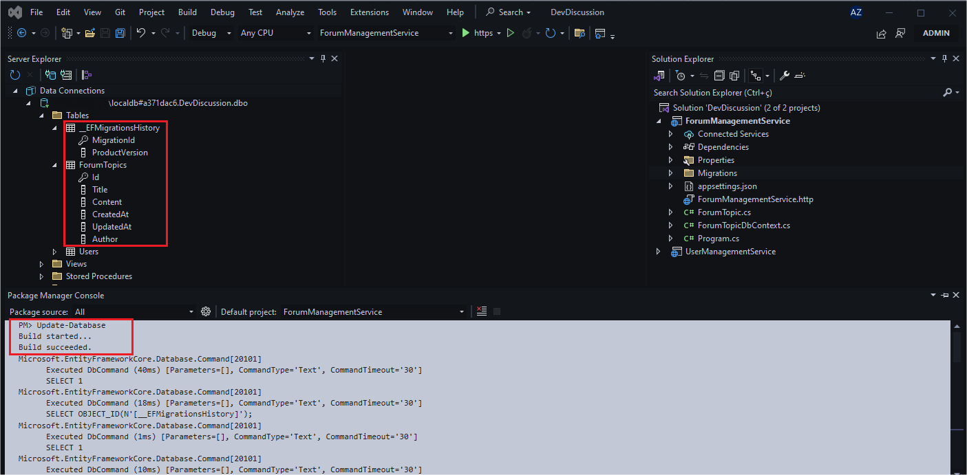 Running EF update database