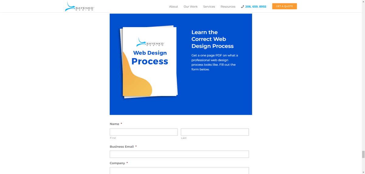 At the bottom of a blog post about 2023 web designs is a short form that gives leads access to a one-page PDF to help them “Learn the Correct Web Design Process”.