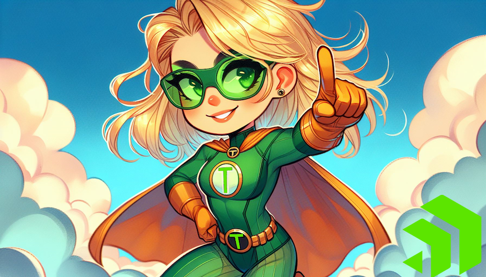 illustrated superhero woman in green with a T