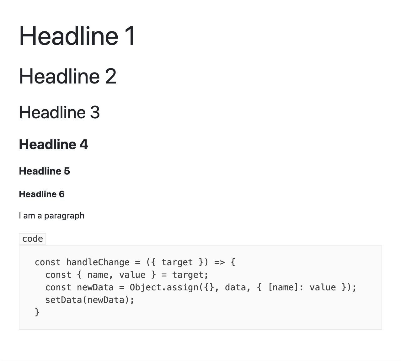 Headline styles 1 through 6, paragraph style, code style