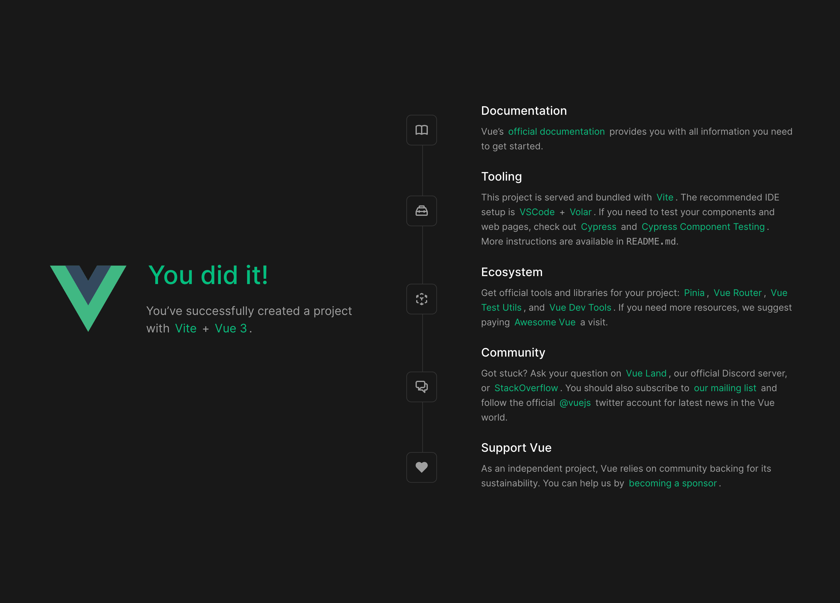 Vue welcome screen