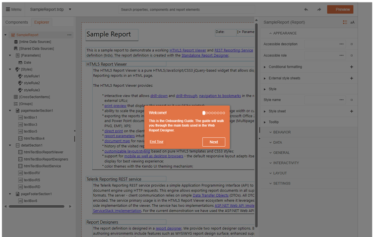 Welcome! This is the Onboarding Guide. The guide will walk you through the main tools used in the Web Report Designer