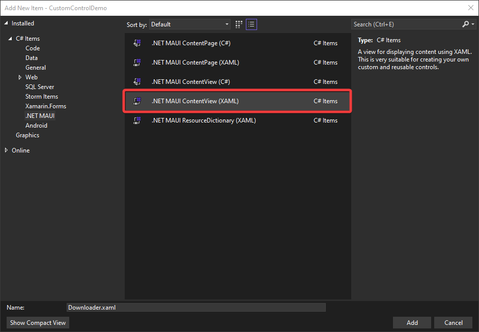 Selecting the ContentView template