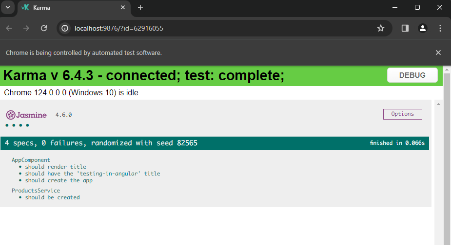 Karma v 6.4.3 - connected; test: complete. Jasmine. 4 specs, 0 failures - in green