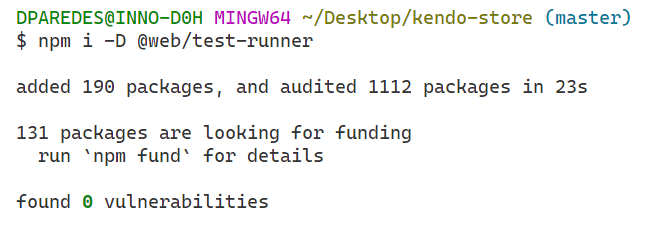Test runner adds 190 packages, audits 1112 packages in 23s