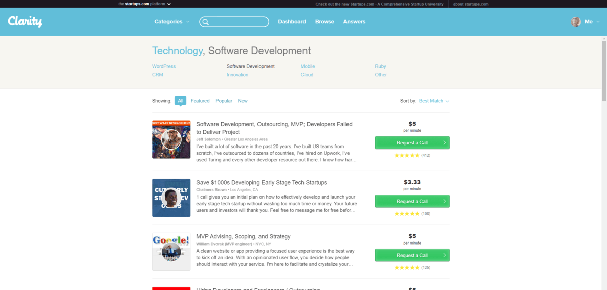 On the Clarity.fm website, a search for “Technology, Software Development” pulls up a bunch of professionals. You can see their descriptions, their per-minute rates as well as their ratings.