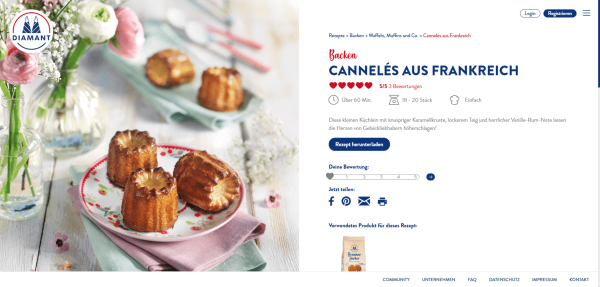 The top of the CANNELÉS AUS FRANKREICH recipe page on the Diamant website. The left half is a photo of the recipe. The right half contains the intro text with the recipe name and category, basic metadata about the recipe (like preparation time and user rating), and more.