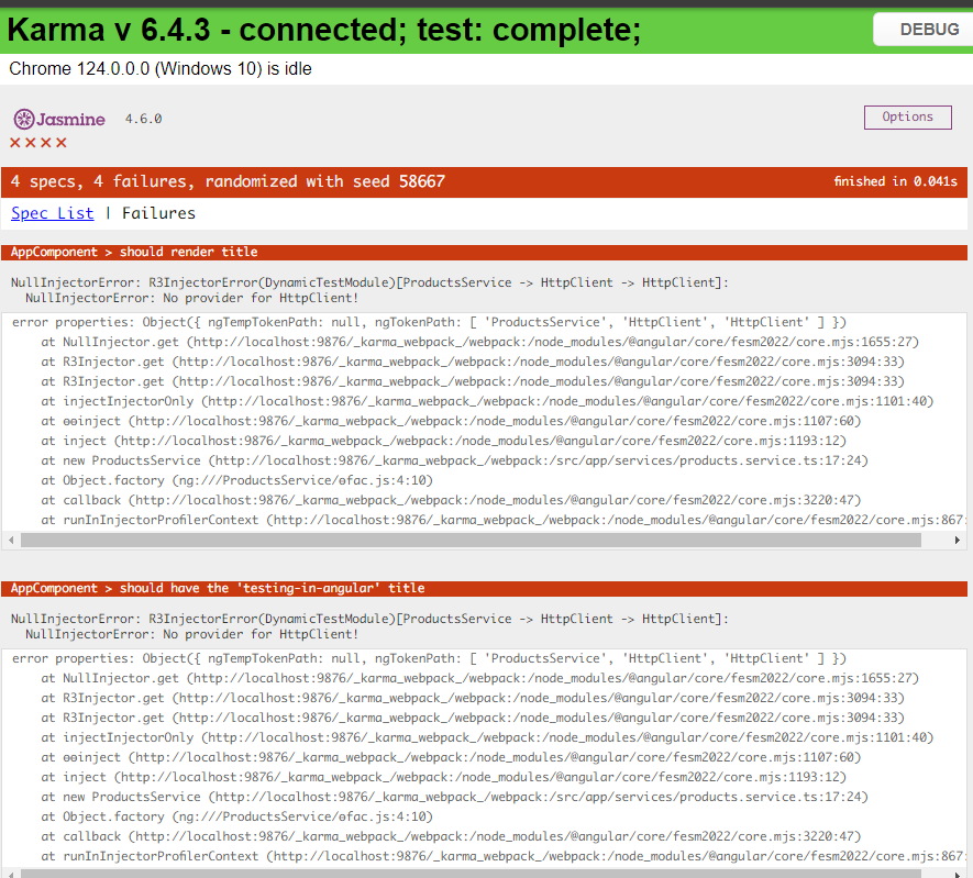 Karma / Jasmine test - This time has red: 4 specs, 4 failures. AppComponent Should render title