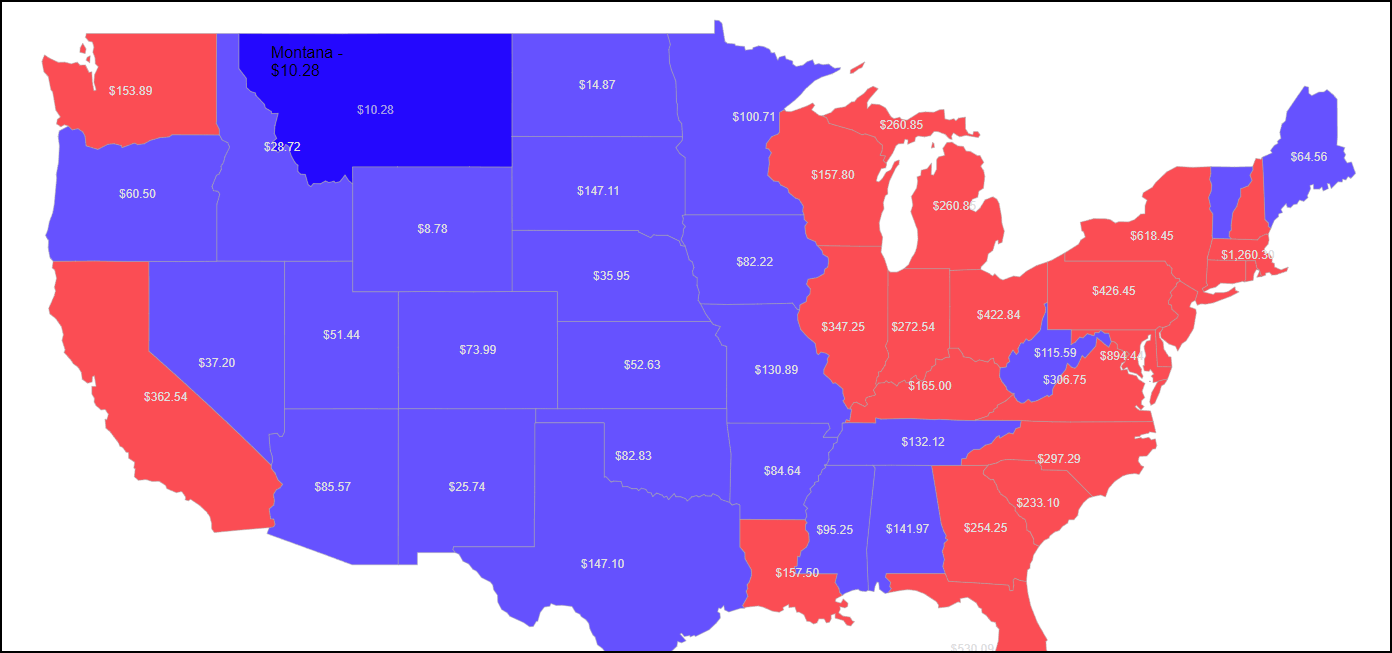 map of the US with red and purple and blue