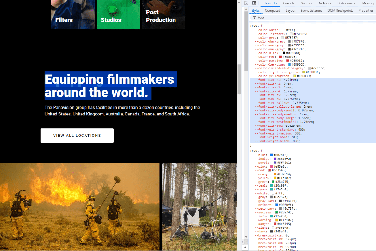 A screenshot taken of the Panavision website in browser Inspect mode. On the left we see a heading “Equipping filmmakers around the world” highlighted. On the right we see the Inspect panel with the font size scale highlighted.