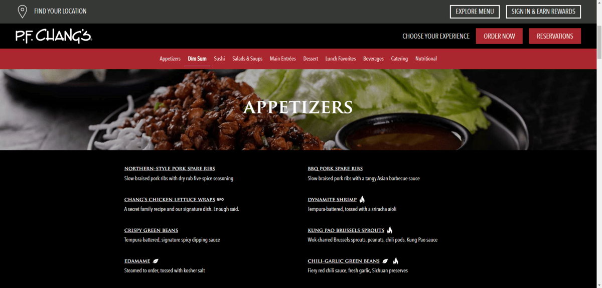 A screenshot of the P.F. Chang’s online menu shows an extra-large “Appetizers” section header. The menu item names are heading as well. However, they are the same size as the descriptors below them. They re, however, in all-caps and are underlined.