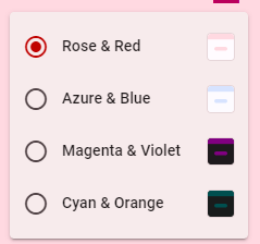 Four themes: Rose & Red, Azure & Blue, Magenta & Violet, Cyan & Orange