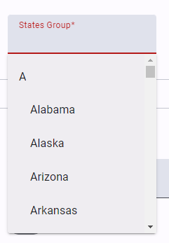 States group dropdown in alphabetical list