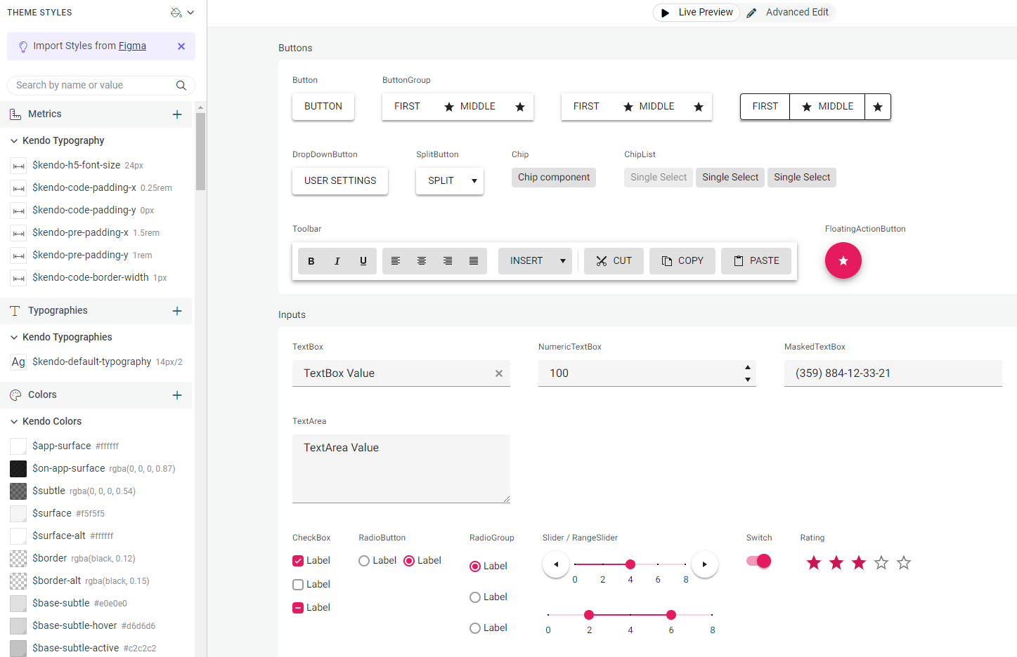 ThemeBuilder dashboard with theme styles, typographies, colors, buttons, inputs, etc.