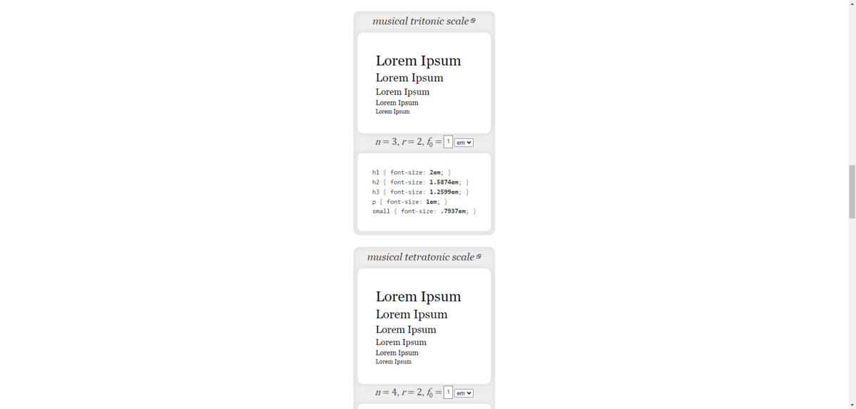 In Spencer Mortensen’s typographic scale post, he provides examples of different scales based on music, the golden ratio, and classic text scaling. In this screenshot, we see how a designer might create their sale based on the musical tritonic scale or the musical tetratonic scale.