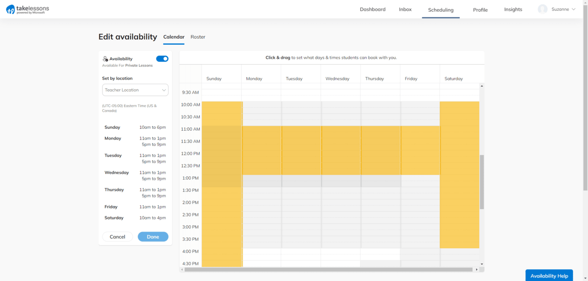 TakeLessons tutors have an easy to use calendar tool that enables them to edit their availability seven days a week.