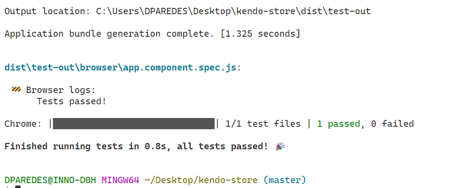 Jasmine and Web Test Runner test succeeds. 1/1 test files. 1 passed, 0 failed. Finished in .8s
