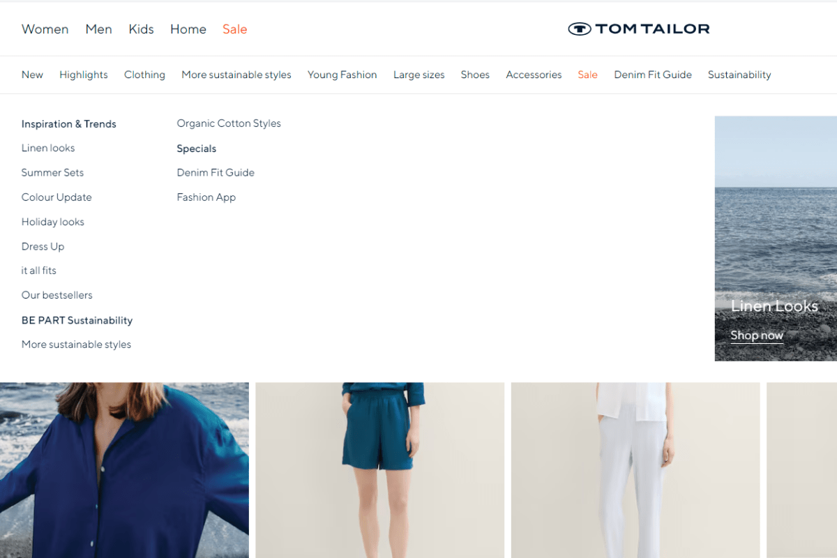 A screenshot shows what the mega menu navigation on the Tom Tailor website looks like. The user has selected the top “Women” category and “Highlights” sub-category to reveal and dropdown list of relevant category links.