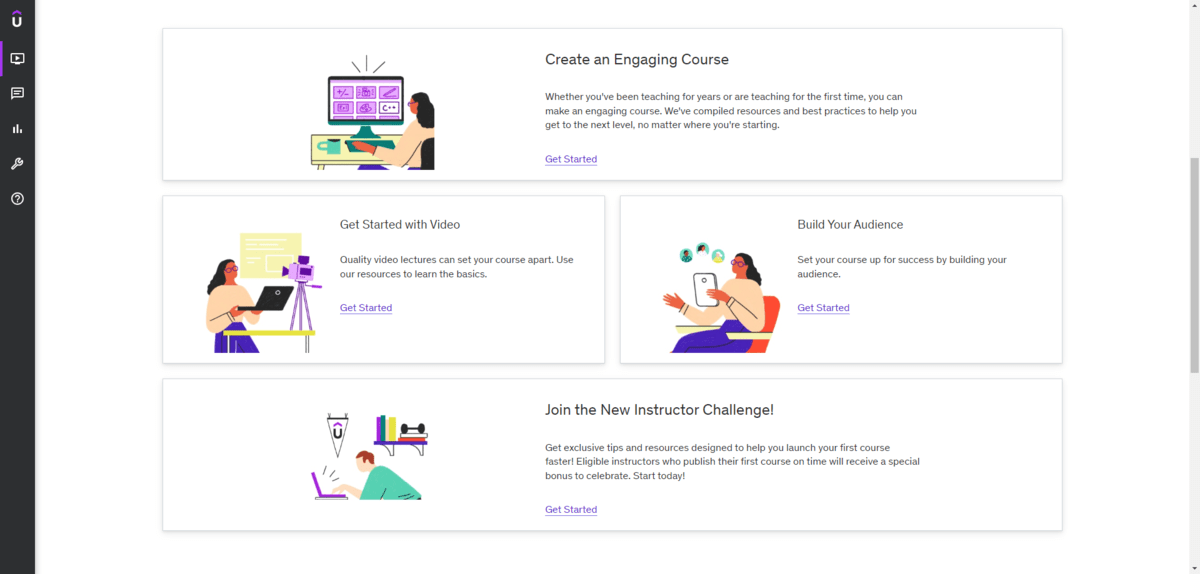 A screenshot from inside of Udemy, a course platform. Course creators have their own dedicated platform where they can upload courses. They also get access to helpful tips. Here we see guides on how to “Get Started with Video” and “Build Your Audience”. There’s also a new instructor challenge they can join.