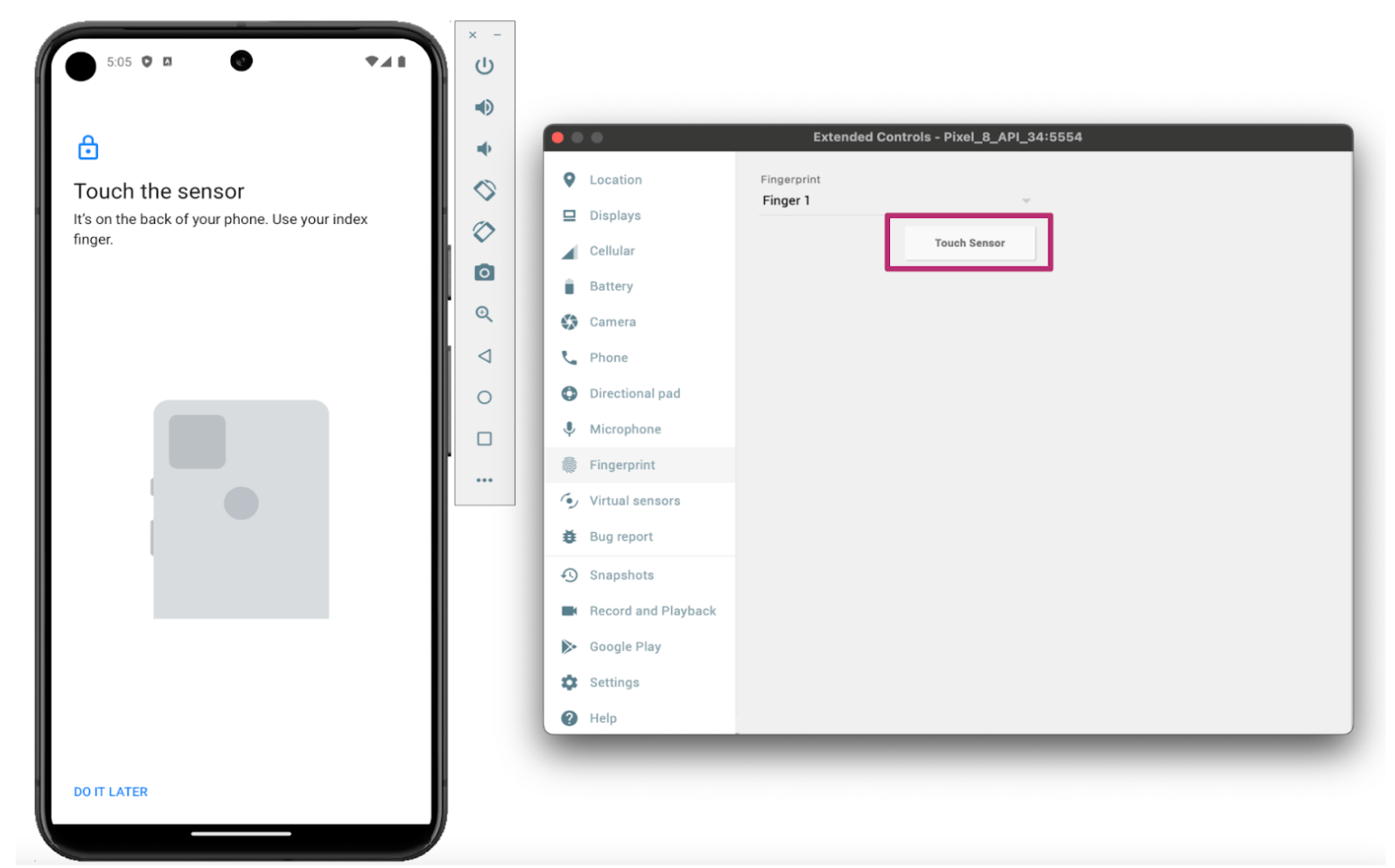 Fingerprint configuration in the emulator