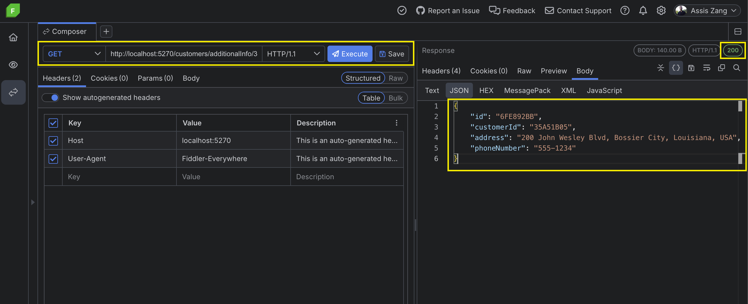 Customer API response