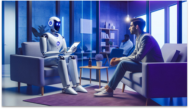 image of a robot with a tablet and a man sitting together