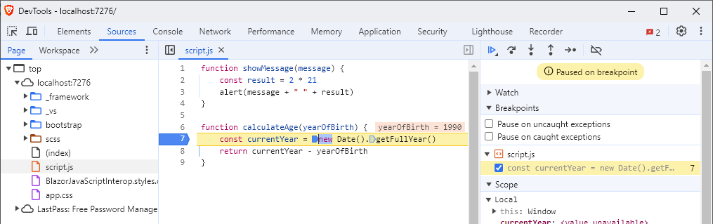 A browser's dev tools showing the source code of the script.js file. The debugger stopped execution of the calculateAge function and shows that you can debug the script similar to other JavaScript code.'