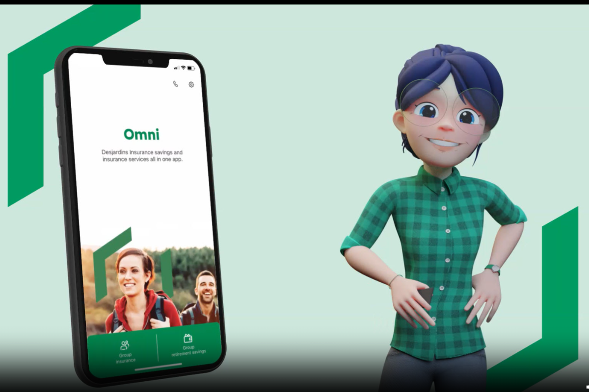 Desjardins Insurance has a mascot named Penny. In this screenshot from the video, we see a mockup of the company’s Omni app on the left and the AR avatar of “Penny” on the right. She has purple hair, big wire-rimmed glasses, and a green checkered shirt on.