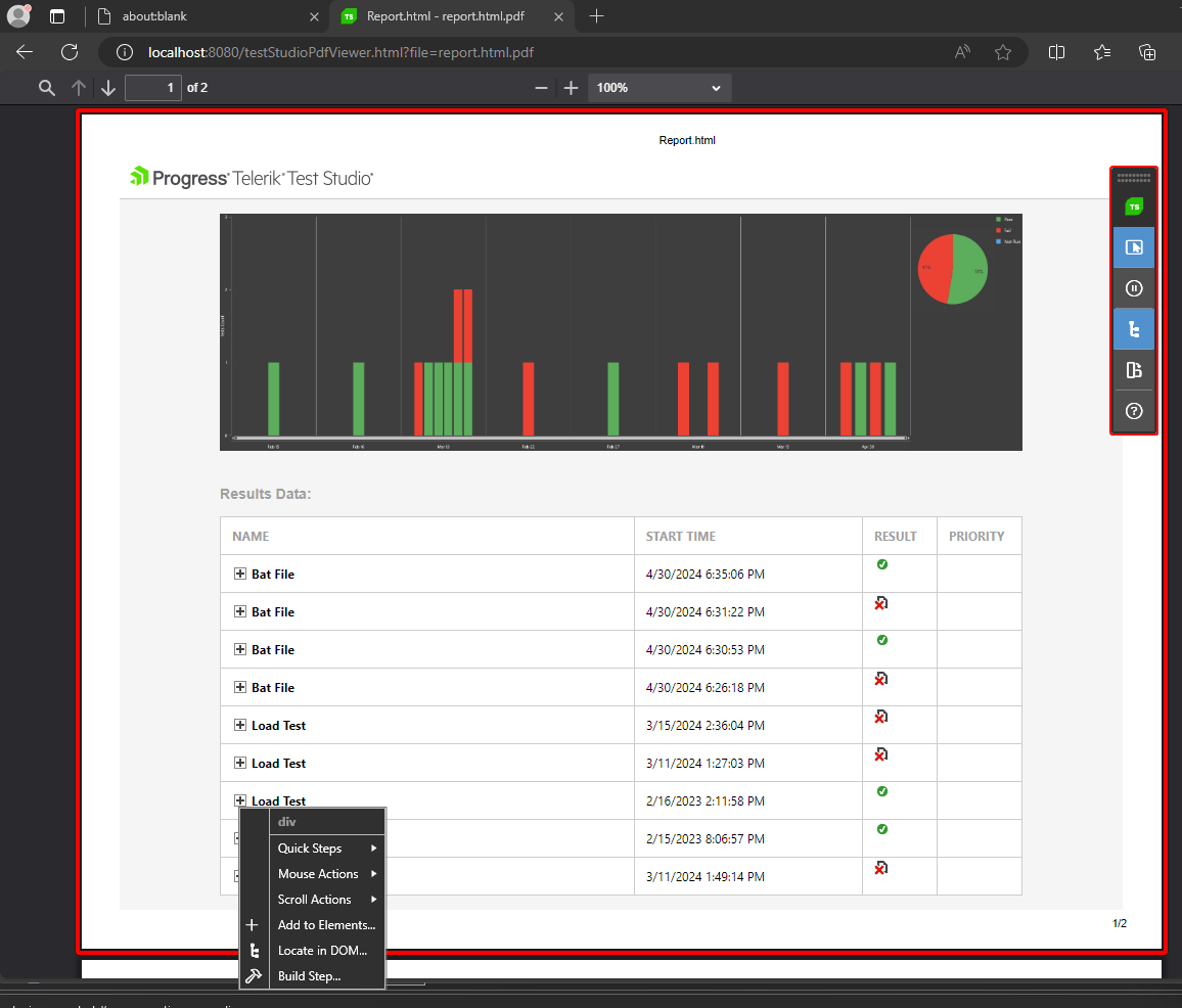 A contextual menu div shows quick steps, mouse actions, scroll actions, add to elements, locate in DOM, build step