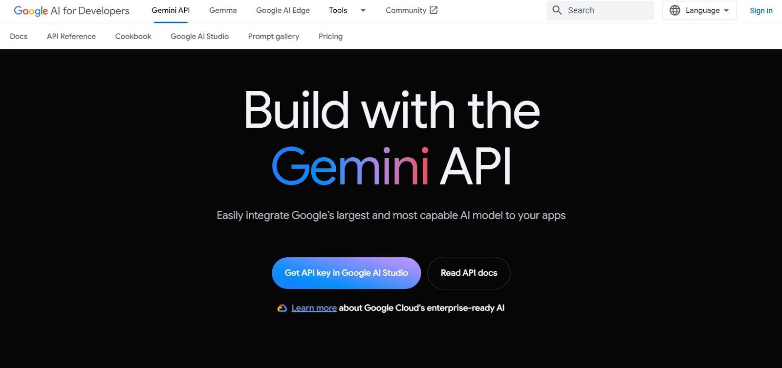 Google Gemini API landing page